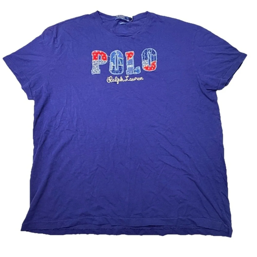 Polo Ralph Lauren XL Blue Patchwork POLO Spellout T Shirt Americana Tee